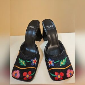 Pegabo Black Floral Embroidered Mules